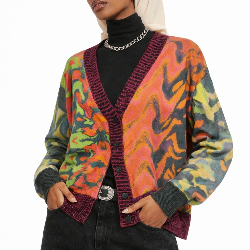 Colorful V Neck Oversized Button Down Cardigan Ribbed Hem Size Small
